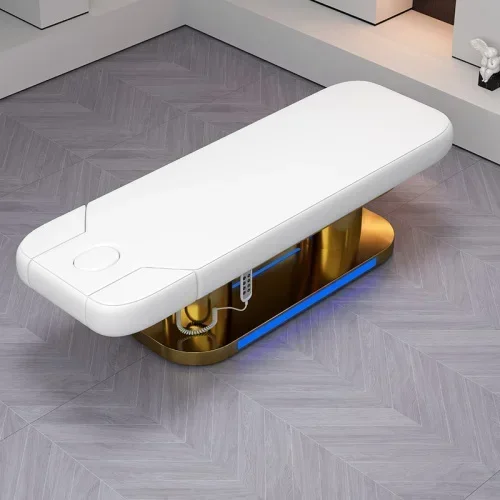 Divano da massaggio con ascensore elettrico in acciaio inossidabile placcato oro per lettino per la cura del tatuaggio con luce a LED per salone di bellezza