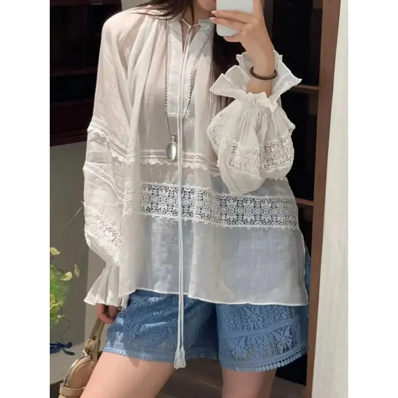 

Heavy Embroidery Women's 100% Ramie Shirt Lantern Sleeve O-Neck Solid Color Loose Vintage Blouse