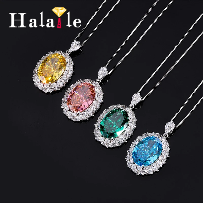 

Halaile S925 Sterling Silver Oval cut Zircon Jewelry Polychrome Retro Style Pendant Necklace Fine Jewelry Women's Neckchain Gift