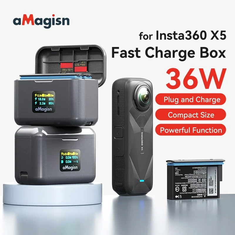 aMagisn Battery Fast Charging Case for Insta360 X5 with Screen Display Smart Charging Storage for Action Cameras Accessory