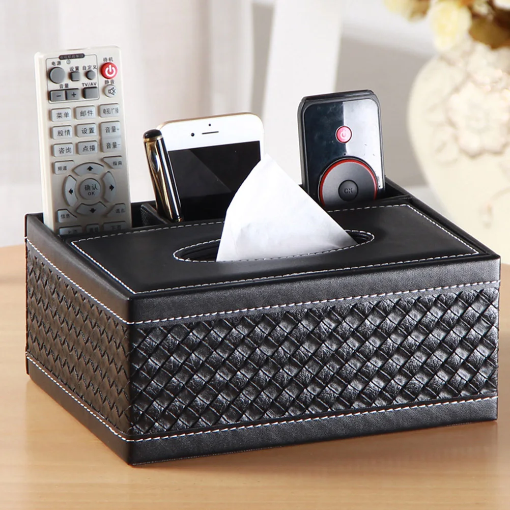 PU Makeup Desktop Organizer Tissue Box Pencil Scissor Holder Braided Design Multifunctional for Office Home Car
