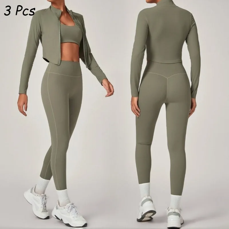 

Женский бесшовный комплект для йоги, куртка на молнии, бюстгальтер и брюки, спортивный костюм для тренажерного зала, фитнеса, спортивный комплект с высокой талией, облегающий костюм с подтяжкой бедер