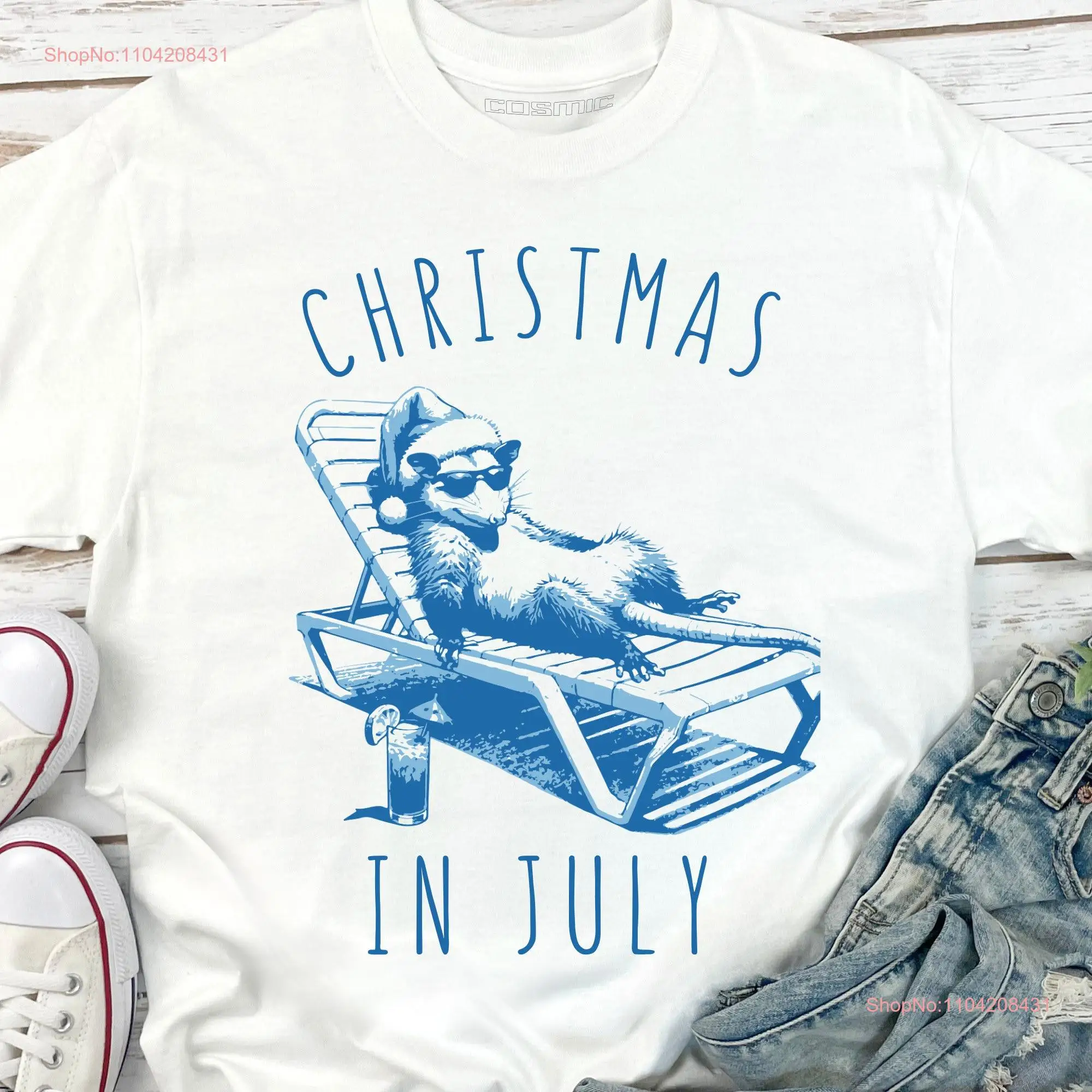 Christmas in July Possum T Shirt Funny Opossum Beach Summer for Mid Year Festivities long or short sleeves