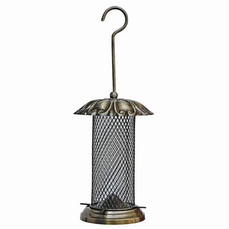 Antique Metal Mesh Bird Feeder Cage with Transparent Seed Tube Eco Friendly Design Hanging Hooks Domed Roof Perch for Outdoor