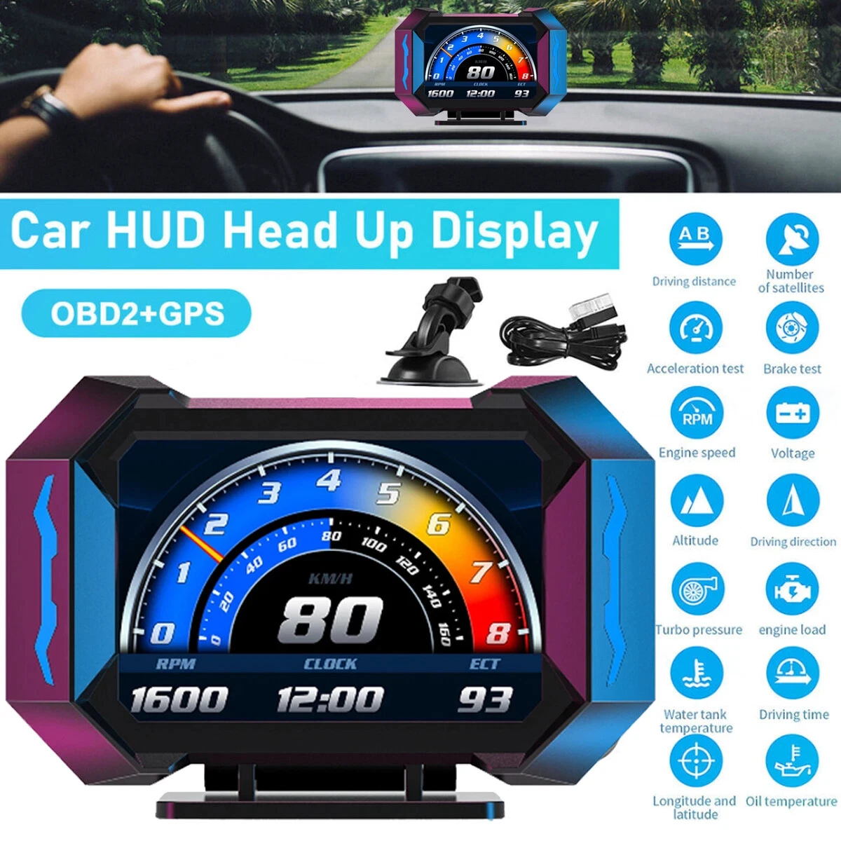 

OBD2 Display Gauge Car HUD Digital Tachometer GPS Speedometer Display RPM Meter