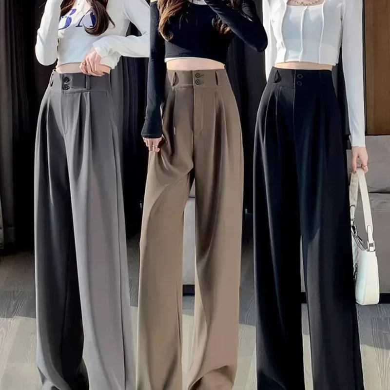 2024 Women Chic Designer Suit Pants Lady Wide Straight Leg Double Button Work Daily Trousers Lady Korean Style High Waist Slacks