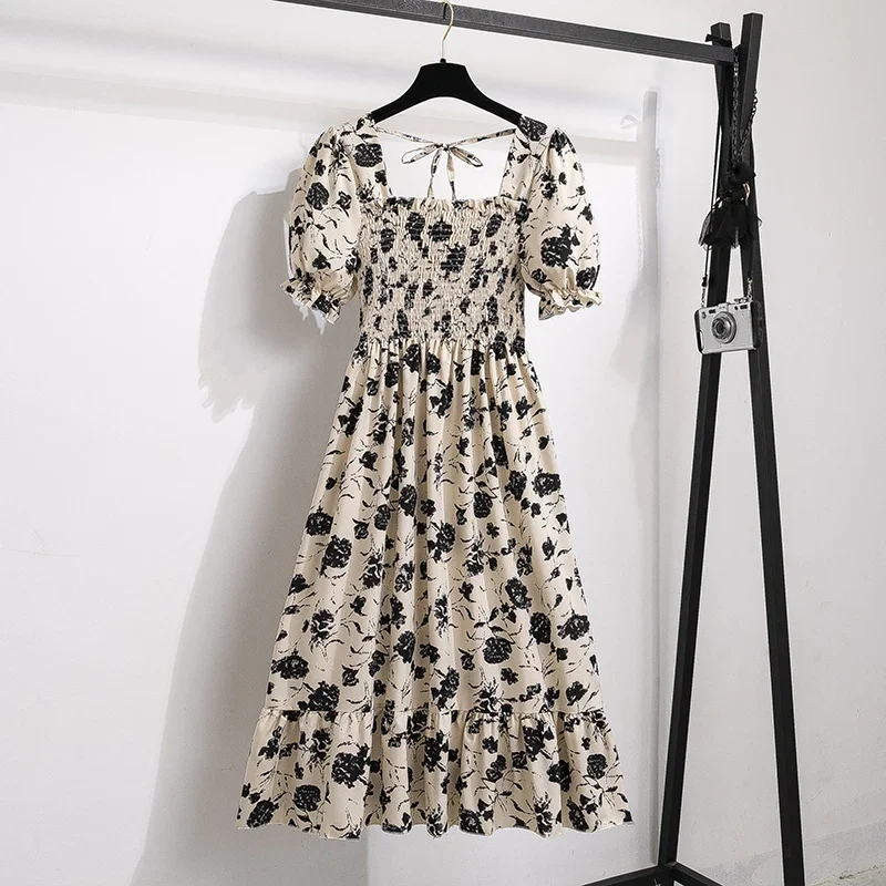 Vestido de gasa de primavera verano, moda femenina, cintura elástica, manga corta, plisado, casual para mujer, vestido en línea A 3