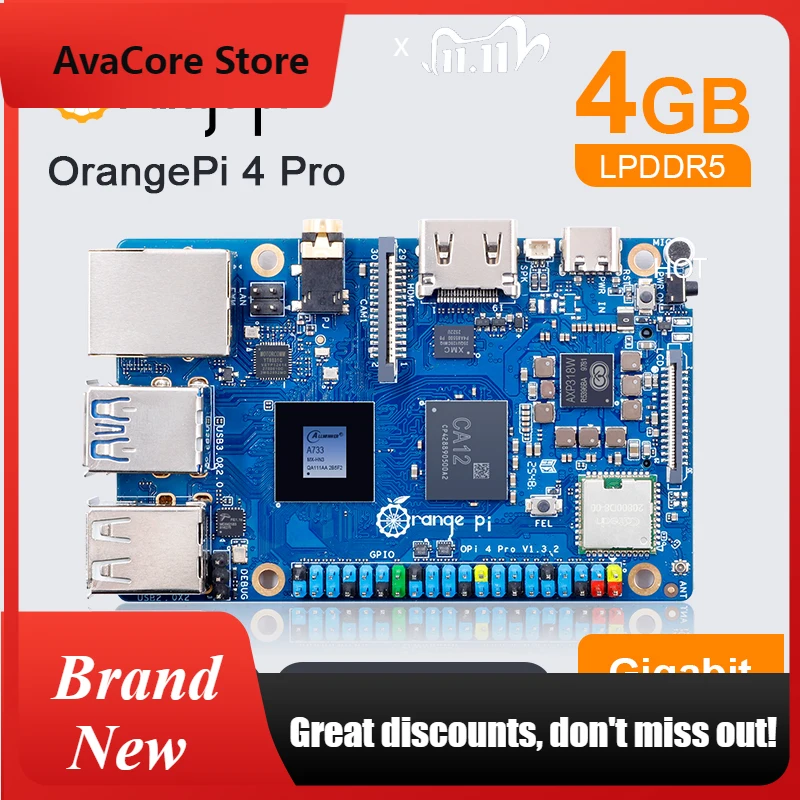 AvaCoreOrange Pi 4 Pro 4GB LPDDR5 RAM Single Board Computer, Gigabit ,3 Tops NPU, M.2 M-Key Slot, Dual Camera MIPI CSI SBC, Mini