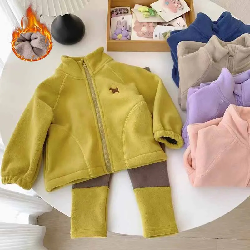 Girls Fleece Sets Boys Thicken Suit Children's Cartoon Coat Leggings 2Pc Winter Warm Long-Sleeved Outfits Kids Casual Clothes