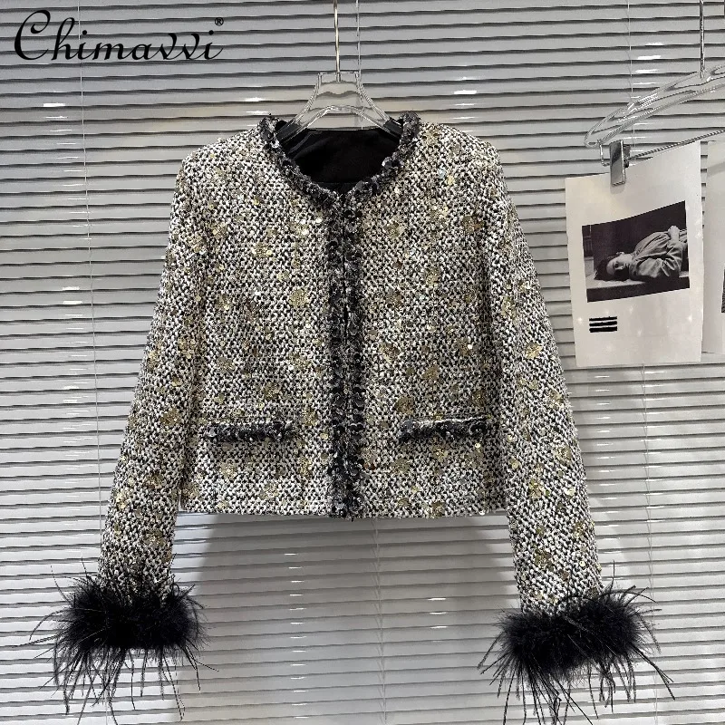 

2025 Autumn Clothes New Heavy Sequin Tweed Ostrich Feather Cuff Jacket Fashionable Elegant Party Light Luxury Short Coat Top