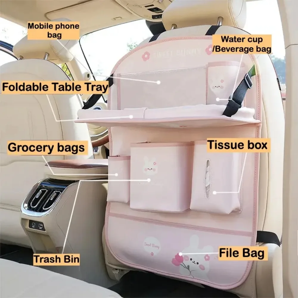 Leather Car Seat Back Organizer Multi Function Storage Bag Foldable Tray Table Anti Kick Pad Auto Interior Accessories
