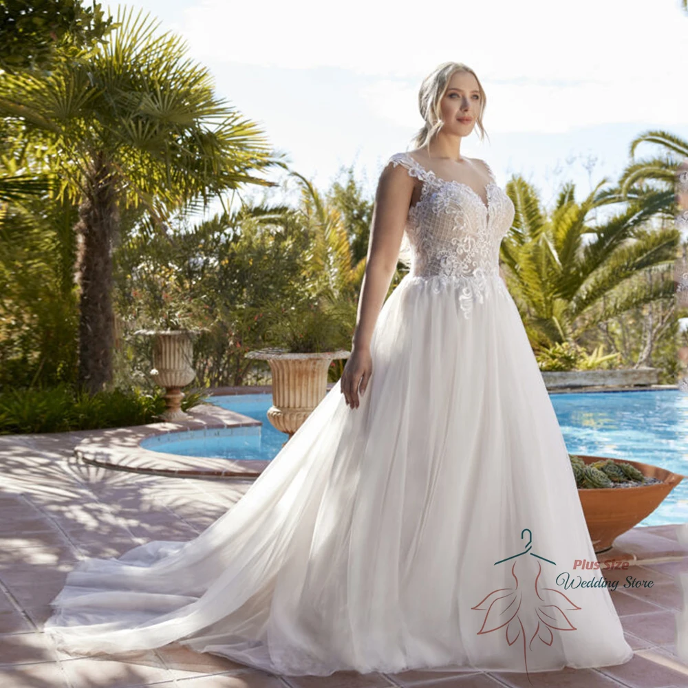 Robe de Mariée Élégante en Dentelle pour Femme, Grande Taille, Appliques, Mancherons, Tulle, Dos aux, Ligne A, Balayage, Train