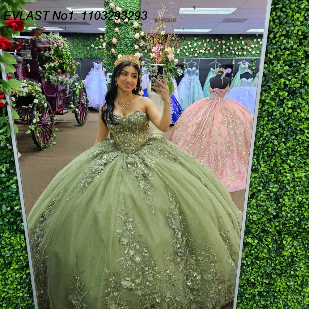 

EVLAST Customized Elegant Sage Ball Gown Quinceanera Dress Lace Applique Beading Corset Sweet 16 Gown Vestidos De 15 Anos E1QN46