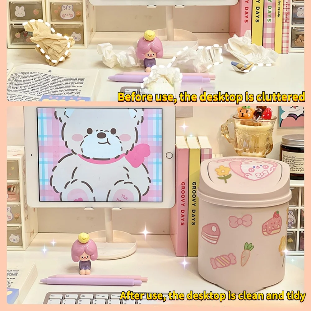 Desktop Mini Trash Can Organizer Kawaii Pencil Holder Cute Cartoon Student Desk Garbage Can Storage Bin with Lid Storage Box