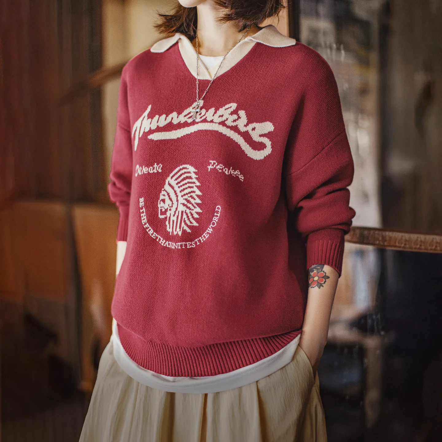 Maden Women's Red Jacquard Knit Sweater Winter Thick Warm V Neck Loose Pullover Vintage Colorblock Cozy Layering Top