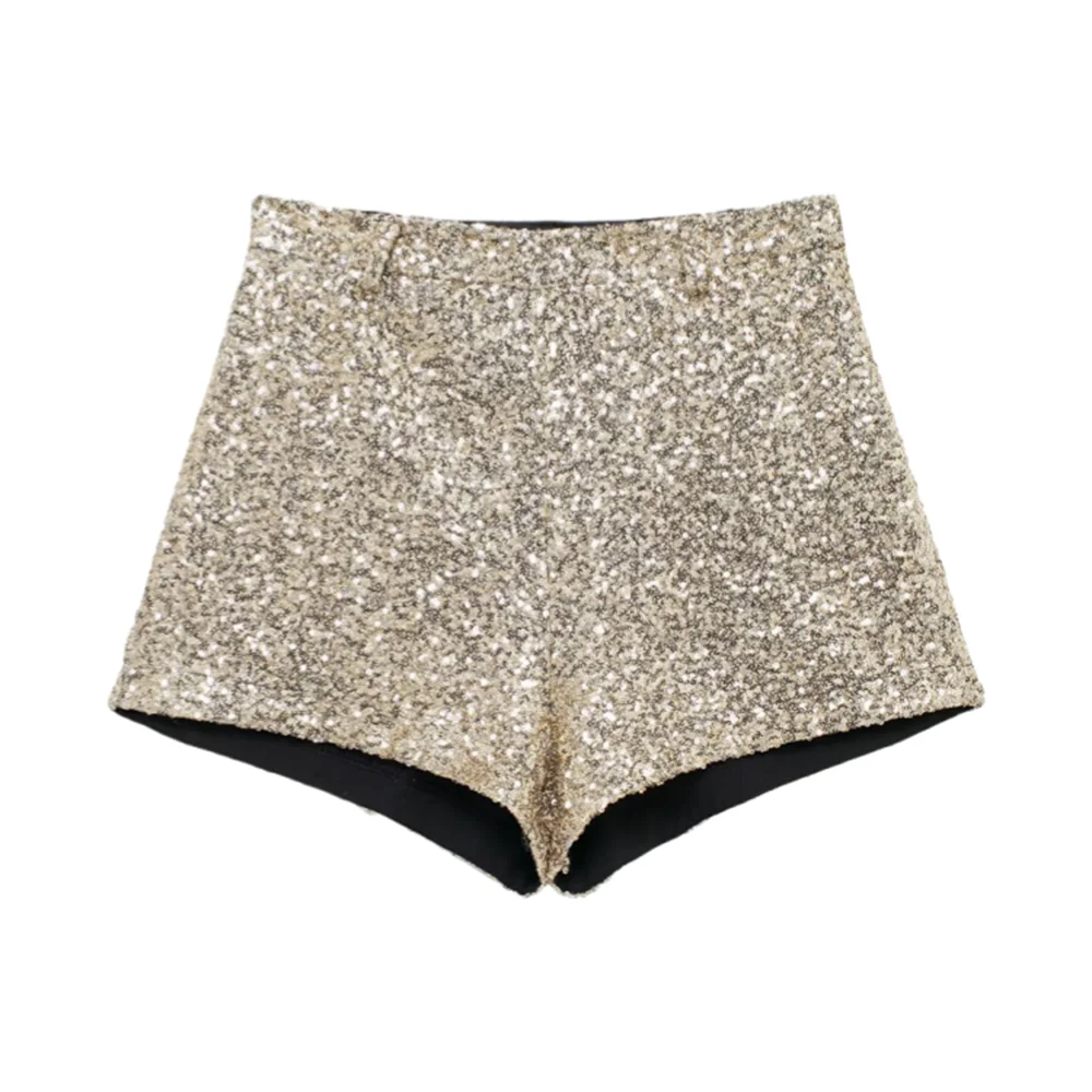 Taop&Za  women's 2024 winter pearl embellishment mid waist casual gold sequin A-line wide leg shorts