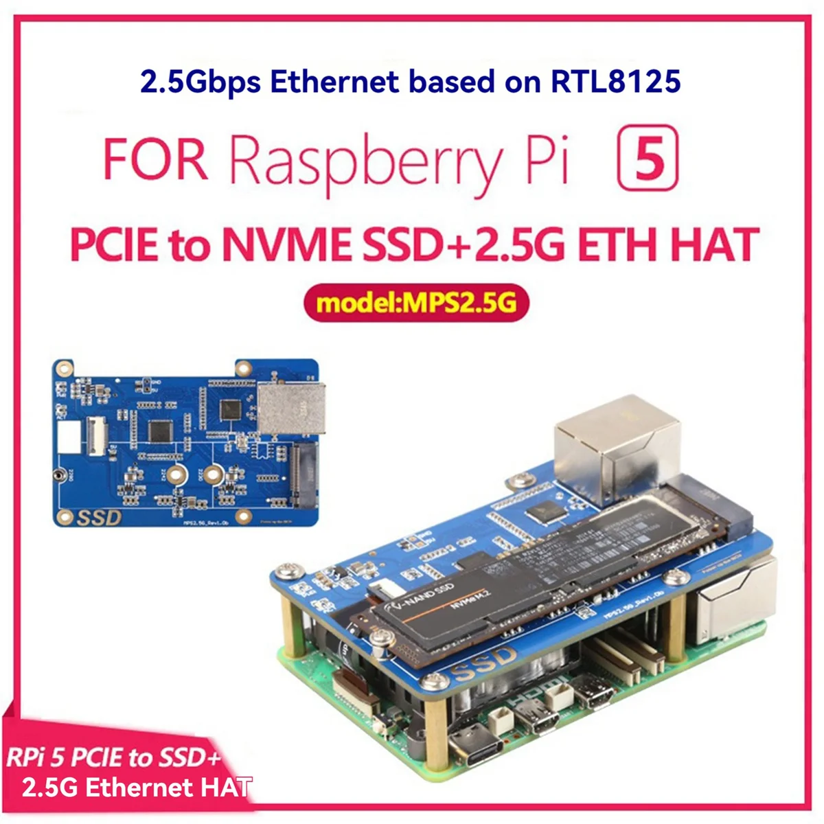 AT87-MPS2.5G dla Raspberry Pi 5 PCIE do NVME SSD + 2.5G ETH HAT RTL8125 obsługa RPi OS, Ubuntu, 2280,2242,2230 SSD
