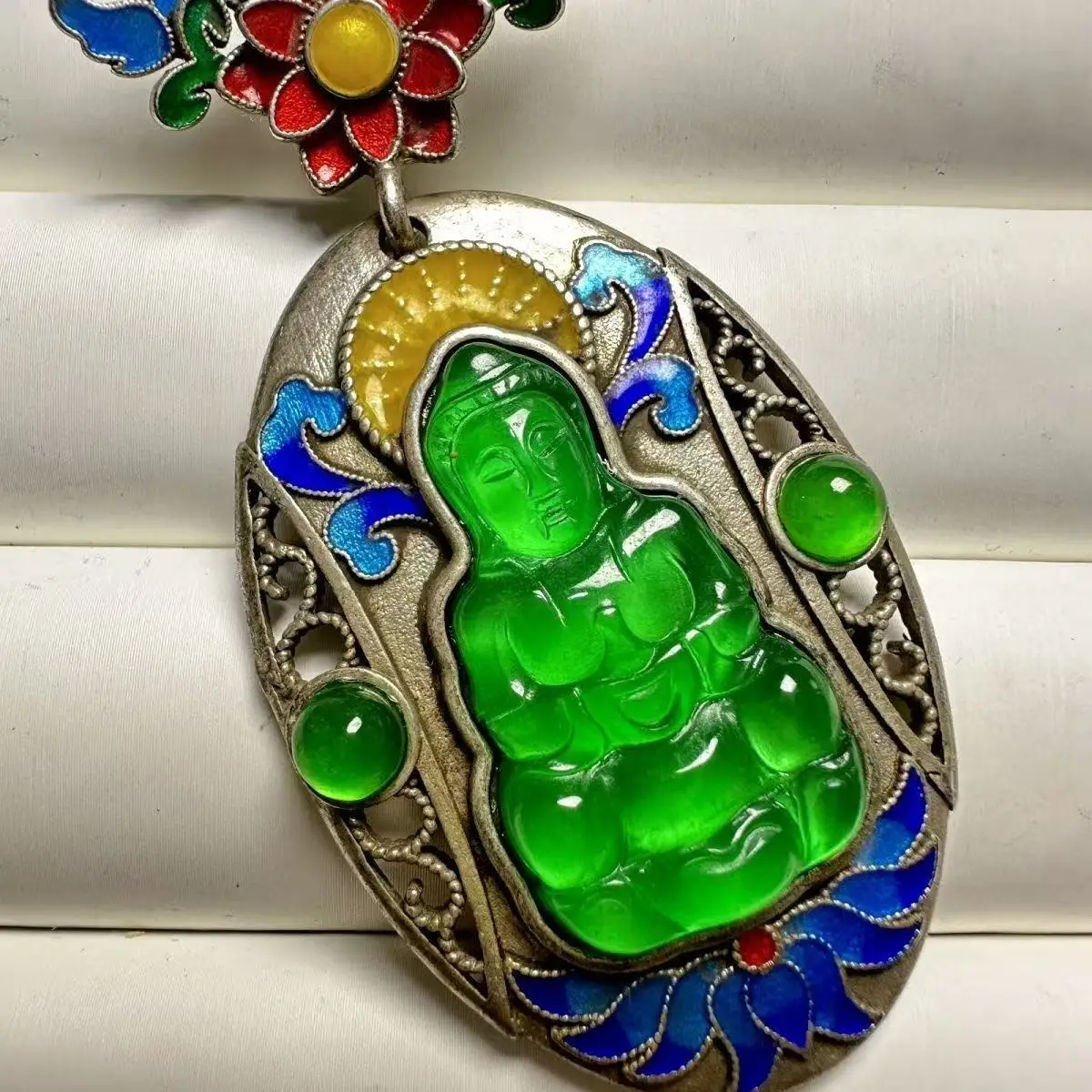 

Pure Silver Guanyin Pendant Handcrafted Antique Cloisonne Necklace with Gemstone Inlay