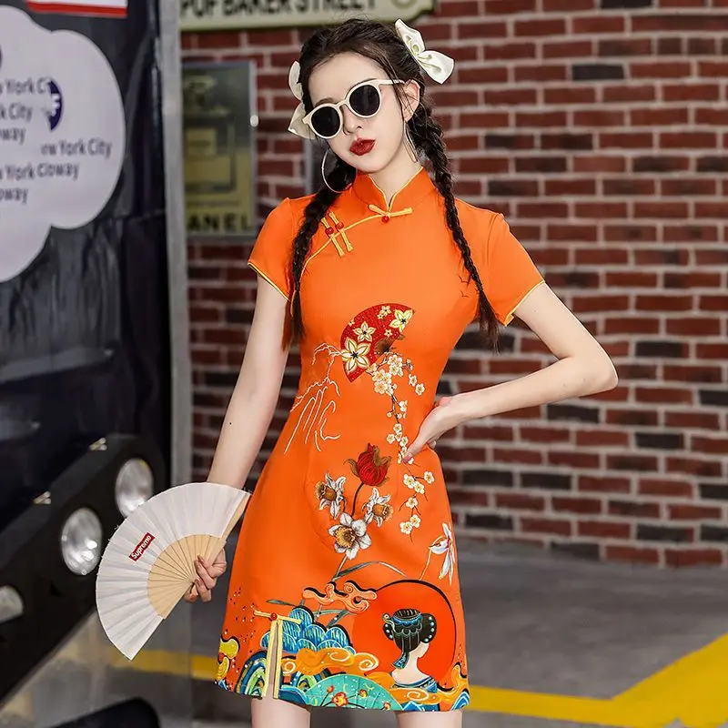 2024 bahar Cheongsam geleneksel çin Qipao kostüm Trendy kısa Vintage elbise seksi kadınlar Modern yeni yıl elbiseler yeni