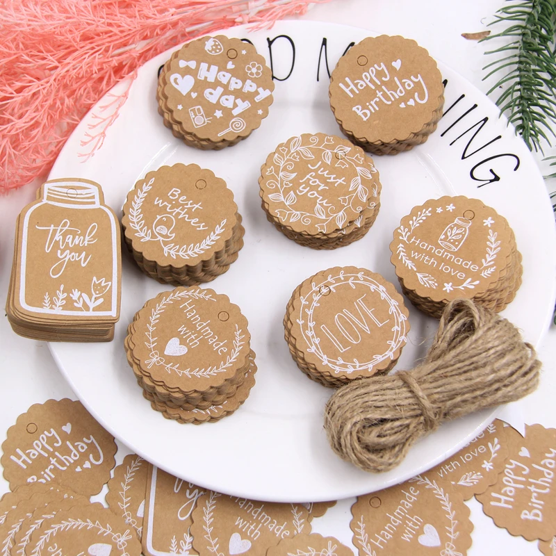 50 sztuk zawieszki z papieru pakowego z liny ręcznie/dziękuję ci/wszystkiego najlepszego z okazji urodzin rzemiosło powiesić etykiety pakowanie prezentów DIY materiały na wesele