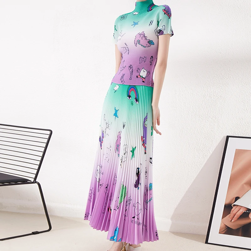 Heißes verkaufendes, hochwertiges Miyake-Falten-Set, elastisches Stretch-Oberteil und breiter Faltenrock, 2-teiliges Set