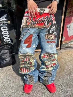 Ripped Jeans Hot Punk Embroidery Printed Baggy Jeans Men Heavy Craftsmanship Retro Style Wide Leg Pants hip-hop Goth Y2k Jeans