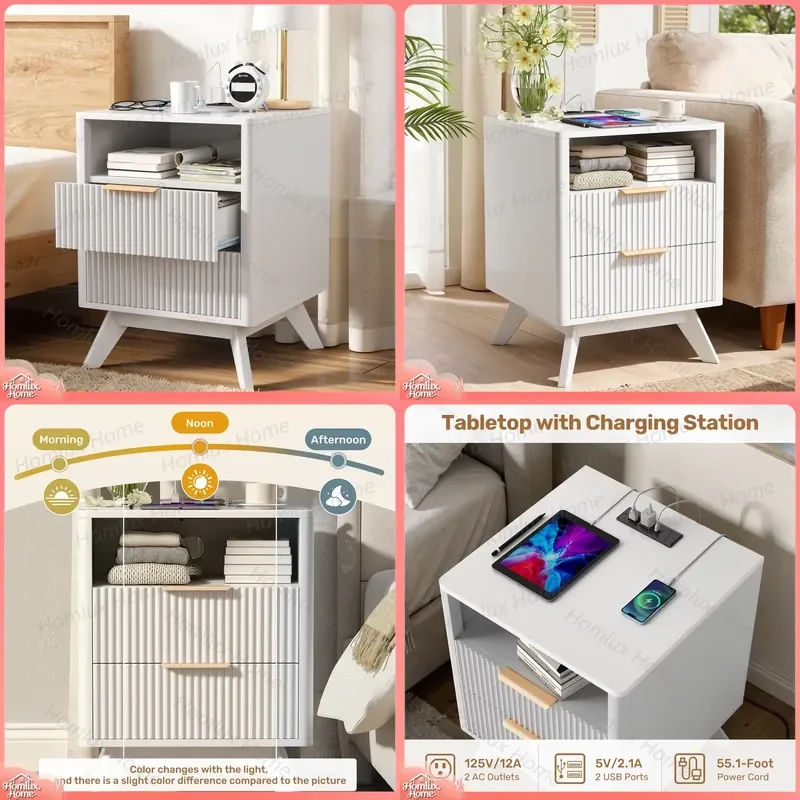 Mid Century Bedside Table with LED Light USB AC Socket Charging Station Single Drawer Open Shelf Eco Friendly Assembly