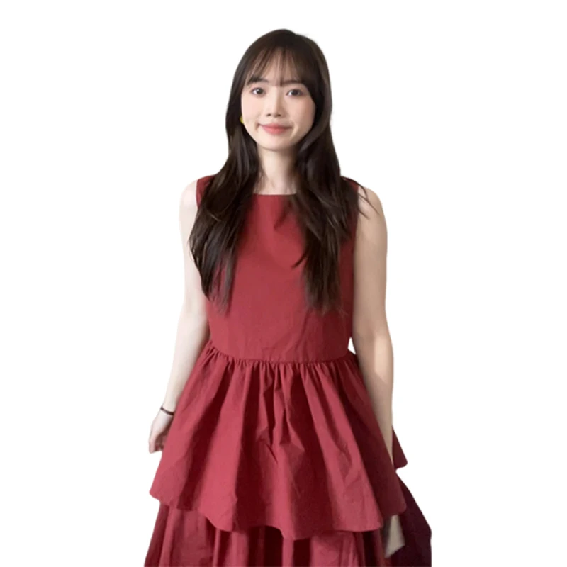 Vestido chaleco sin mangas rojo francés para mujer en verano 2025, nuevo conjunto de traje pequeño y de alta gama, falda larga