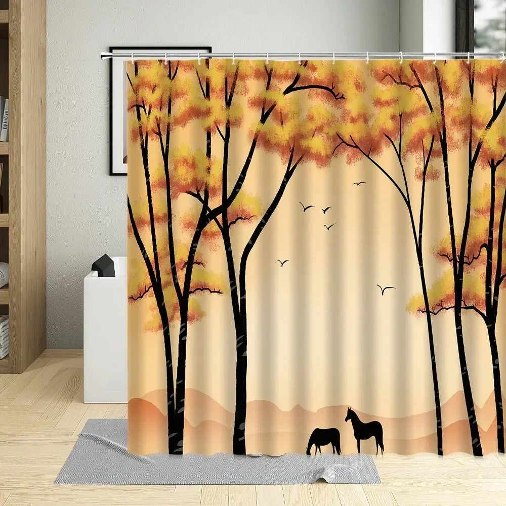 Fall Forest Shower Curtain, Farm Animals Bear Deer Vintage Wooden Barn Planks Wild Nature Mountain Sunset, Bathroom Decoration