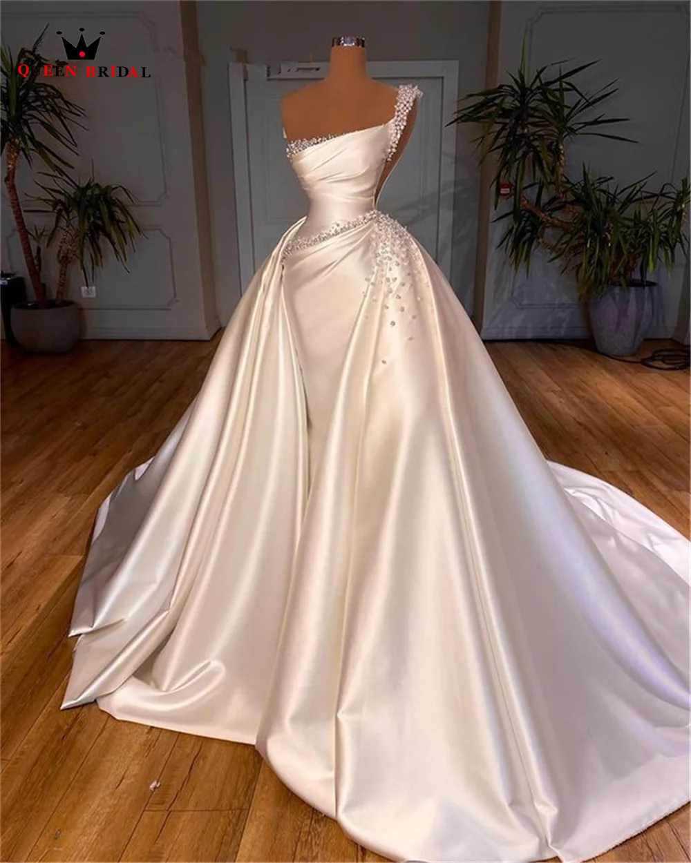 Elegant Mermaid Detachable Train Weddding Dresses Satin Crystal Beaded Pearls 2023 New Formal Plus Size Bridal Gowns SF29