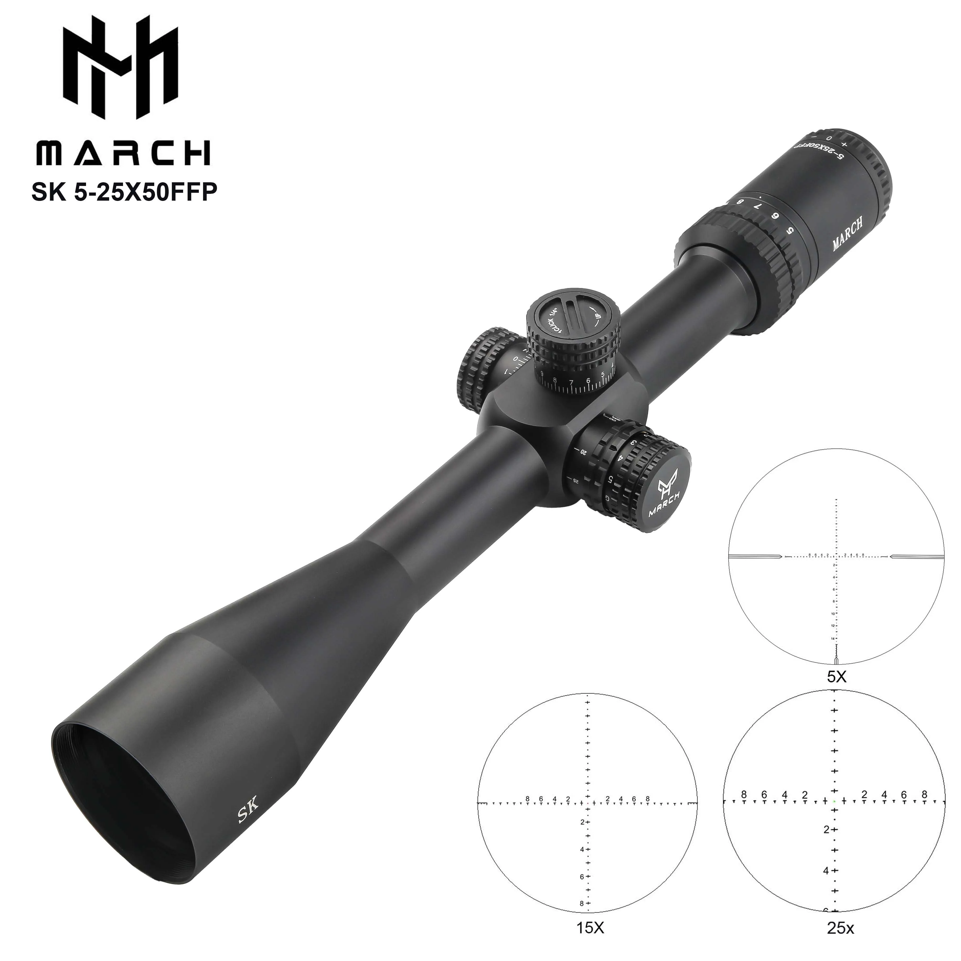 MARCH SK 5-25X50FFP-mira telescópica táctica Caza, mira telescópica para Rifle de caza, mira óptica grabada en vidrio, iluminación roja y verde