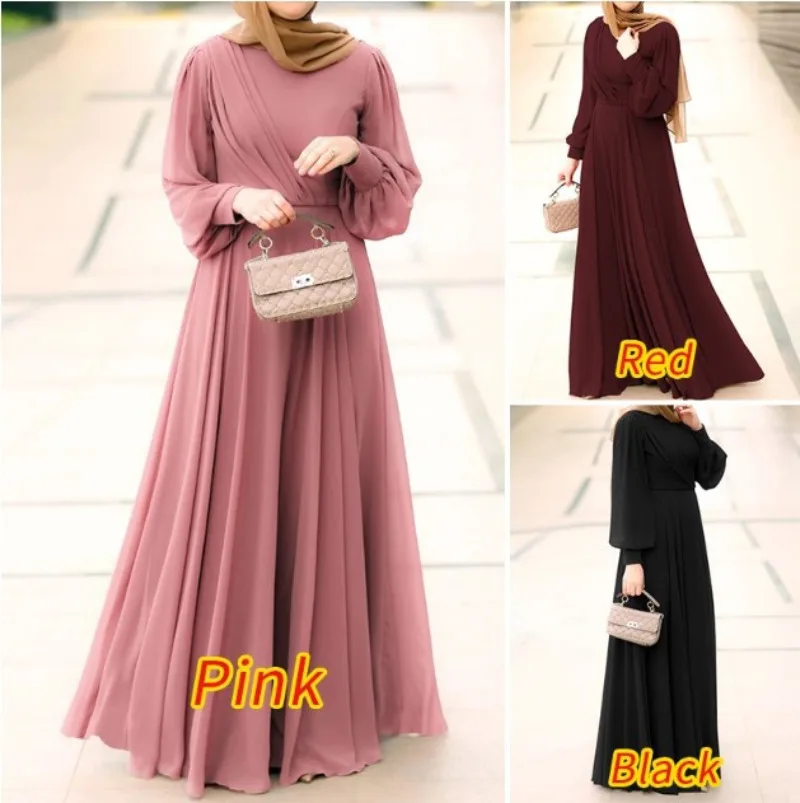 

2024 New Muslim Skirt Abayas for Women Solid Color Casual Robe Femme Musulman Pleated Temperament Women's Dress