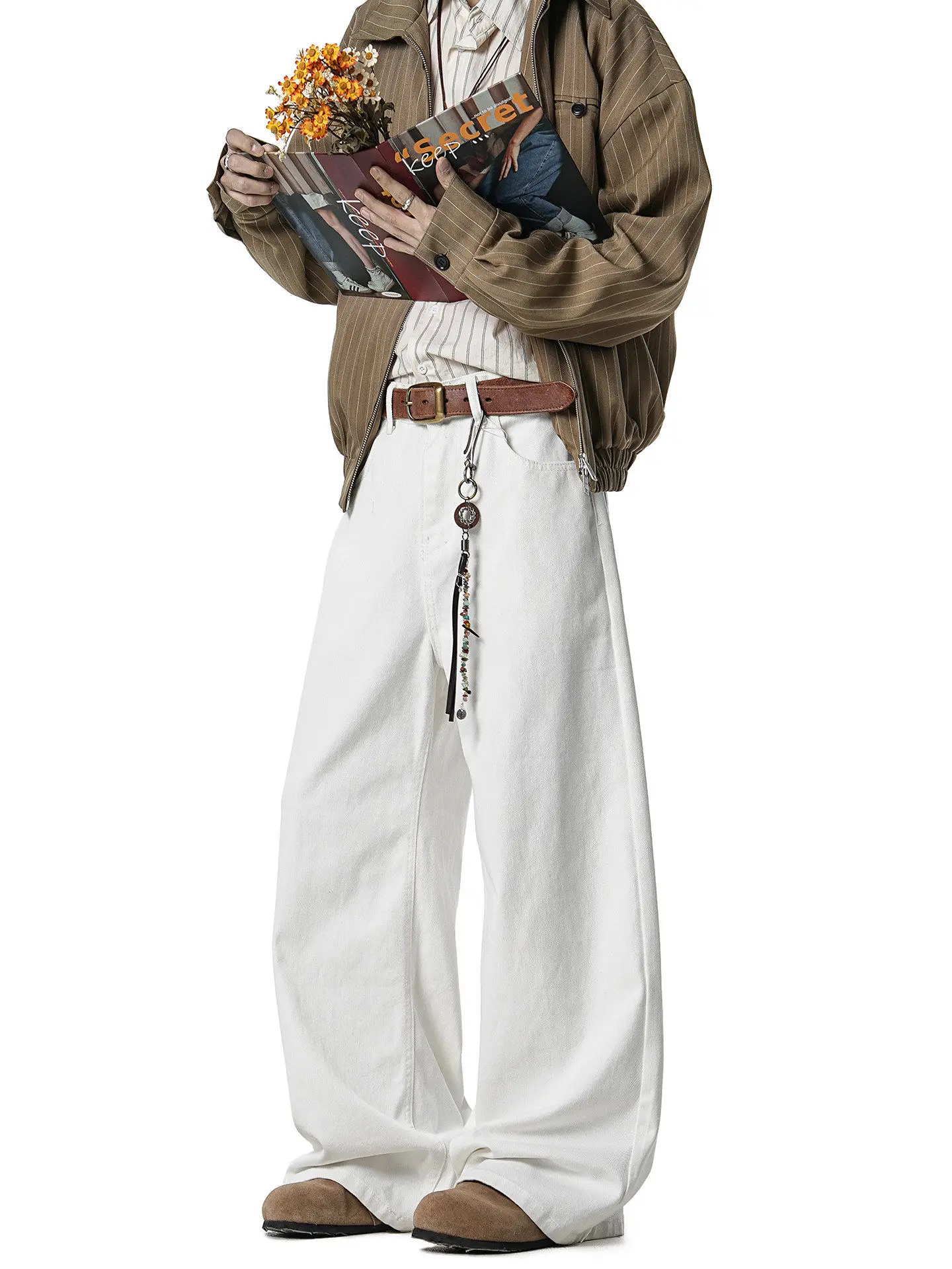 American Style White Jeans Men's Autumn Straight Leg Wide Leg Commuter Casual Long Pants Cotton 100% Wear Resistant