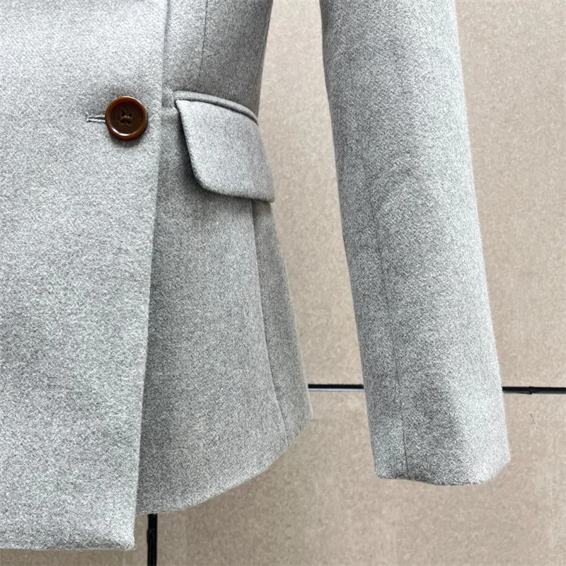 Women's jacket 2026 Spring double breasted long sleeved top Wool blend women's suit jacket shoulder pad slim fit women's coat