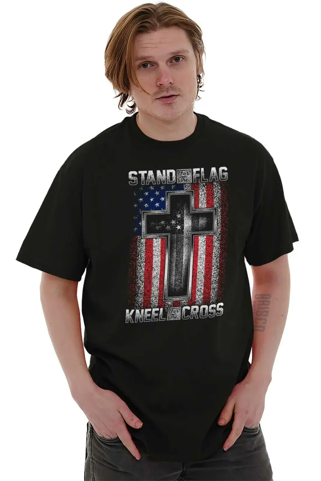 Stand for The Flag, Kneel for The Cross. American Christians T-Shirt 100% Cotton O-Neck Short Sleeve Casual Mens Womens T-shirt