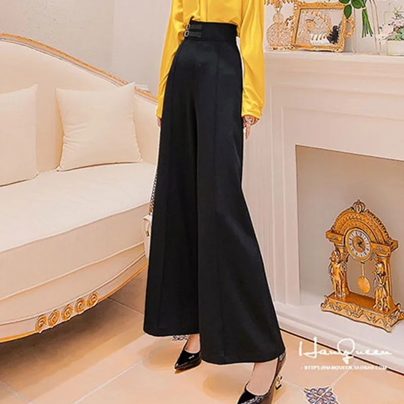 Calças de perna larga para mulheres com cintura alta outono novo estilo elegante magro e versátil calças soltas para mulher