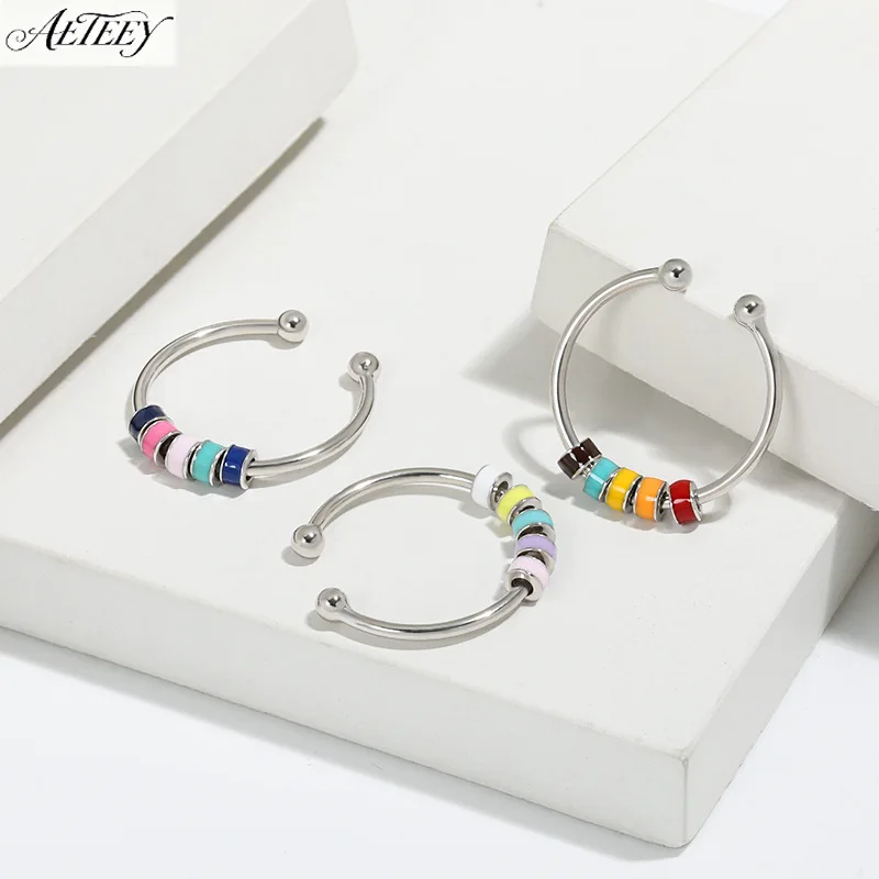 S925 Silver Rotatable Anxiety Relief Open Ring Color Enamel Minimalist Women Adjustable Finger Jewelry