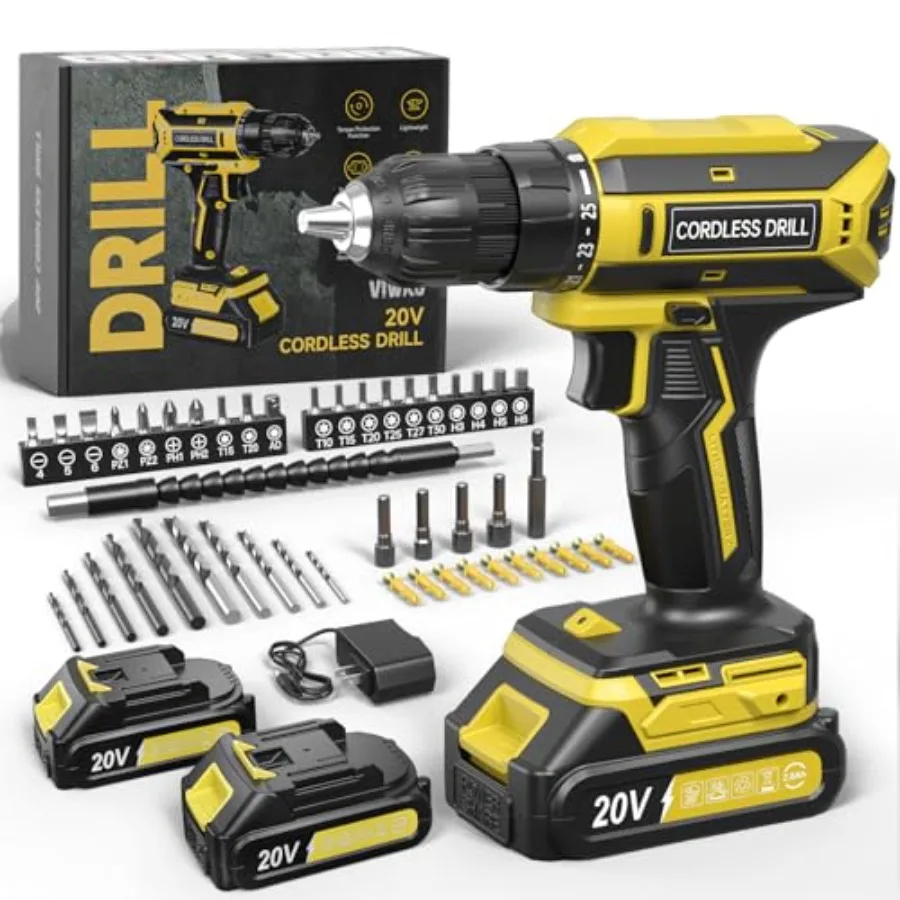 

Cordless Drill 20V MAX Power Drill Set with 2 Batteries and Charger 3/8 Inch Keyless Chuck Variable Speed 25+1 Position and 56P