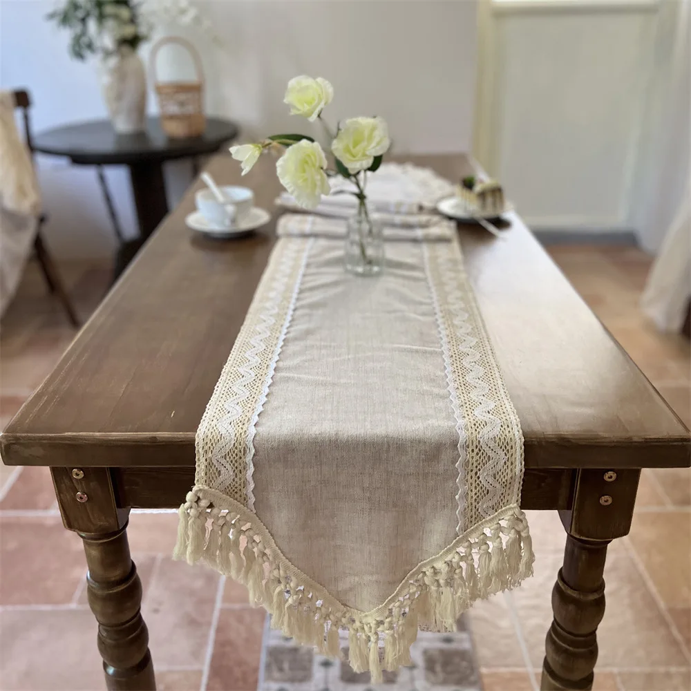 Versatile Table Runner Crochet Macrame Lace Tassels Beige Farmhouse Table Cloth for Dining Room Wedding Handmade Table Decor