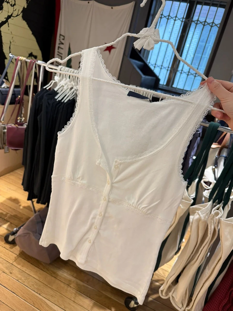 الأبيض القطن الدانتيل تقليم سليم تانك القمم المرأة الصيف U طوق واحدة الصدر بروتيل بسيط عادية الحلو أكمام المحاصيل القمم Y2k