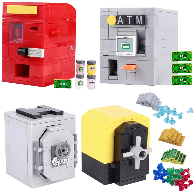 MOC City Street View Vending Machine Shop Building Blocks Bank Safe Coffer ATM Gold Bar Diamond Money Mini Bricks Kids Gifts