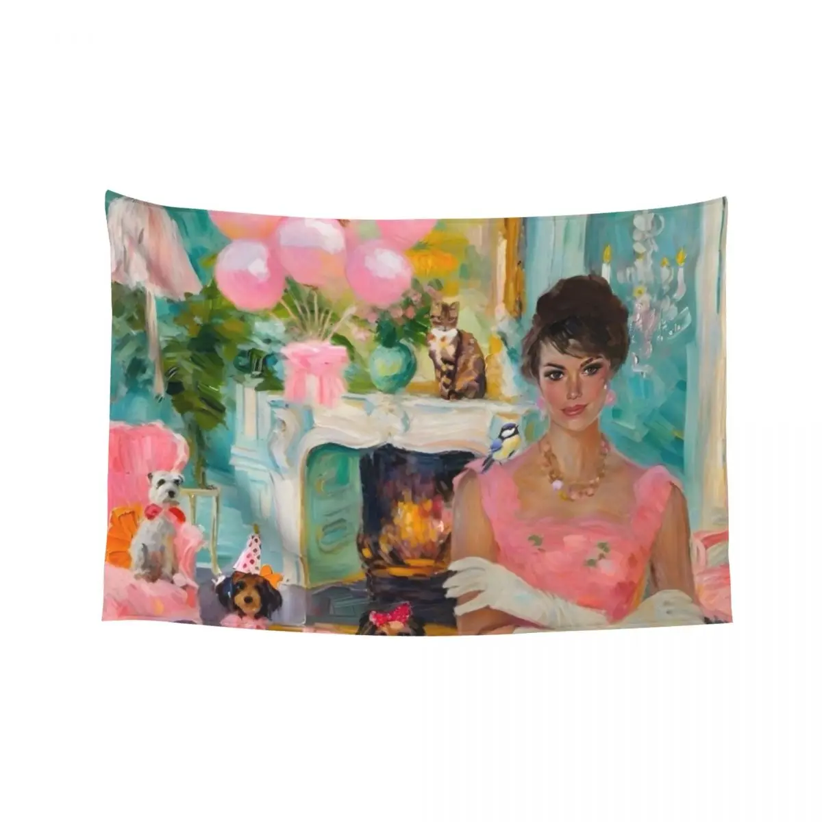 

Grandmillennial art, Party animals, whimsical fine art Tapestry House Decoration Home Decorations Aesthetic Tapestry