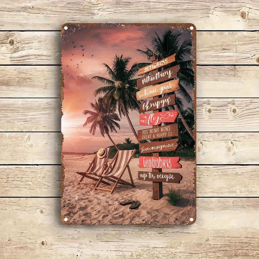 Vintage Beach-Themed Metal Tin Sign - Humorous Tropical Destination Wall Art with Surfboards, Trees & Ocean View - Waterproof