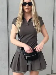 HH Women's Spring Fashion Mini Dress Polo Collar Pleated Trendy Slim Solid Color Retro Belted Elegant Street Causal Dress