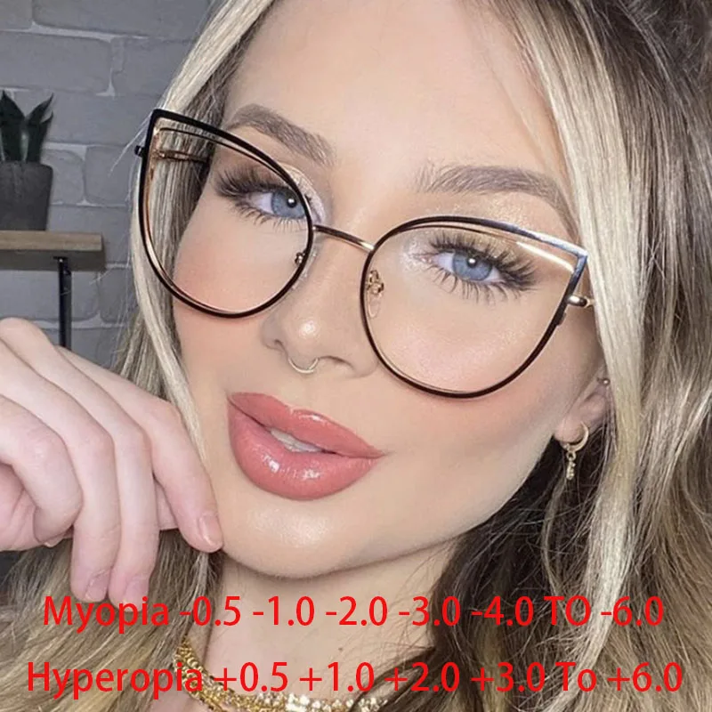 Cutout Cat Eye Metal Frame Clear Glasses Fashion Myopia Nerd Spectacles  -0.5 -1.0 -2.0 -3.0 -4.0 to -6.0