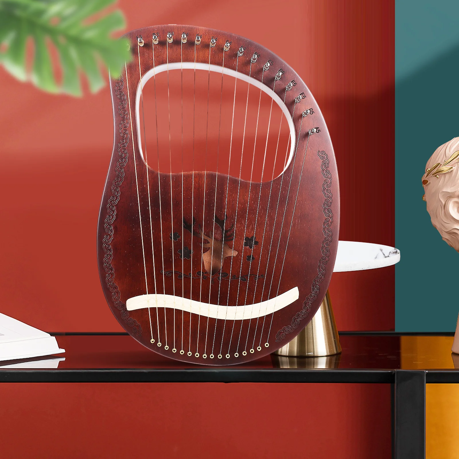 

1Set Metal String Lyre Harp 16-Tone Wood Crafts Harp Retro Design Durable Barrel Wrench Included String Instrument