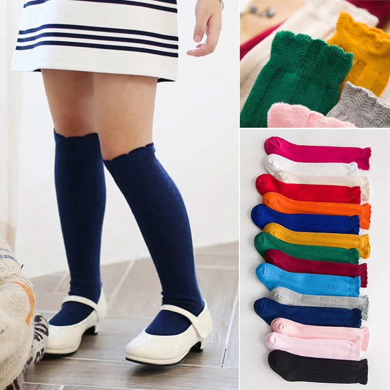 Spring Autumn Baby Girls Cotton Knee High Long Socks for Children Kids Toddler Kawaii Candy Color Ruffles Lace Frilly Stockings