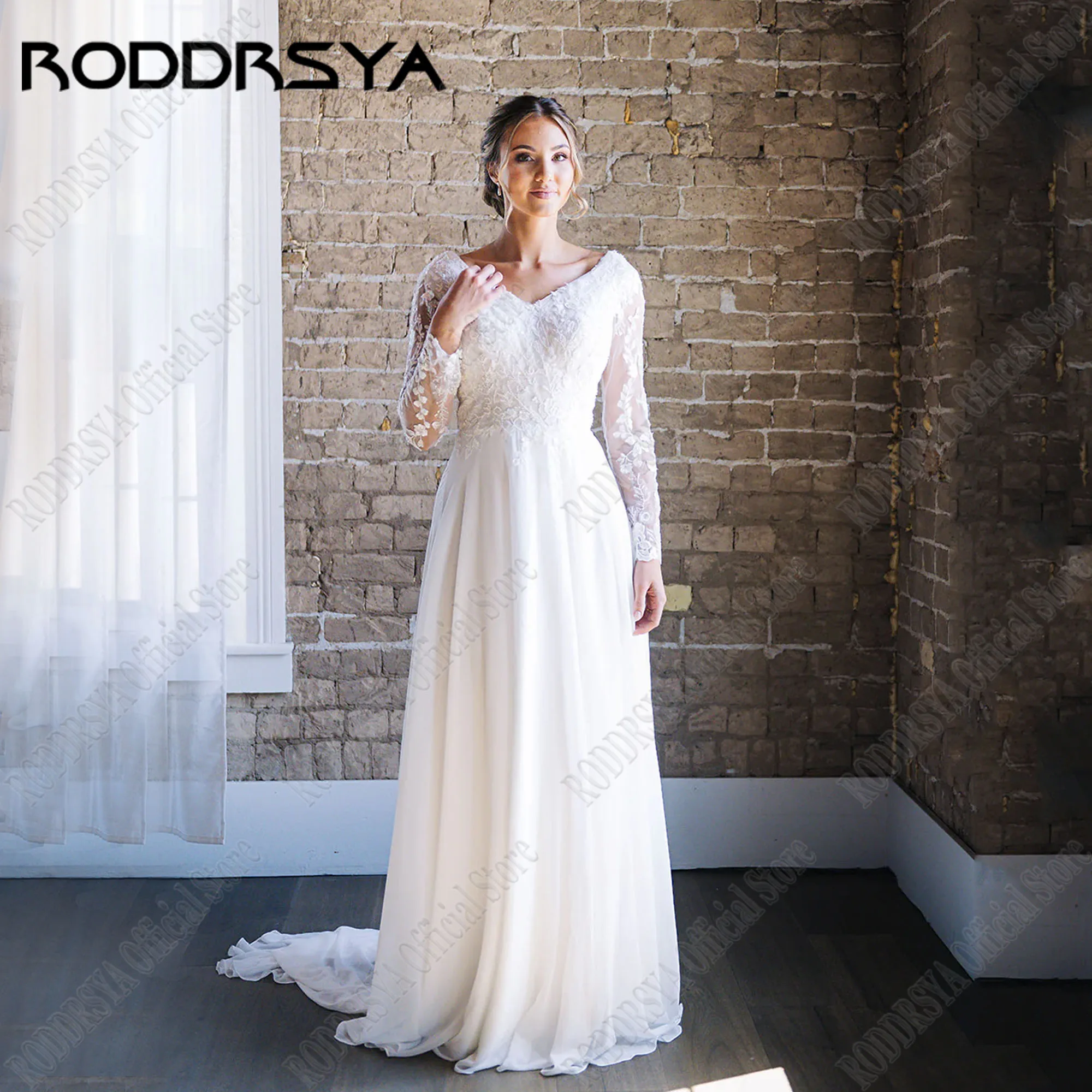 RODDRSYA Customized V Neck Long Sleeves Applique Wedding Dresses For Women 2025 Spring Lace Boho Bridal Gown Vestidos De Novias