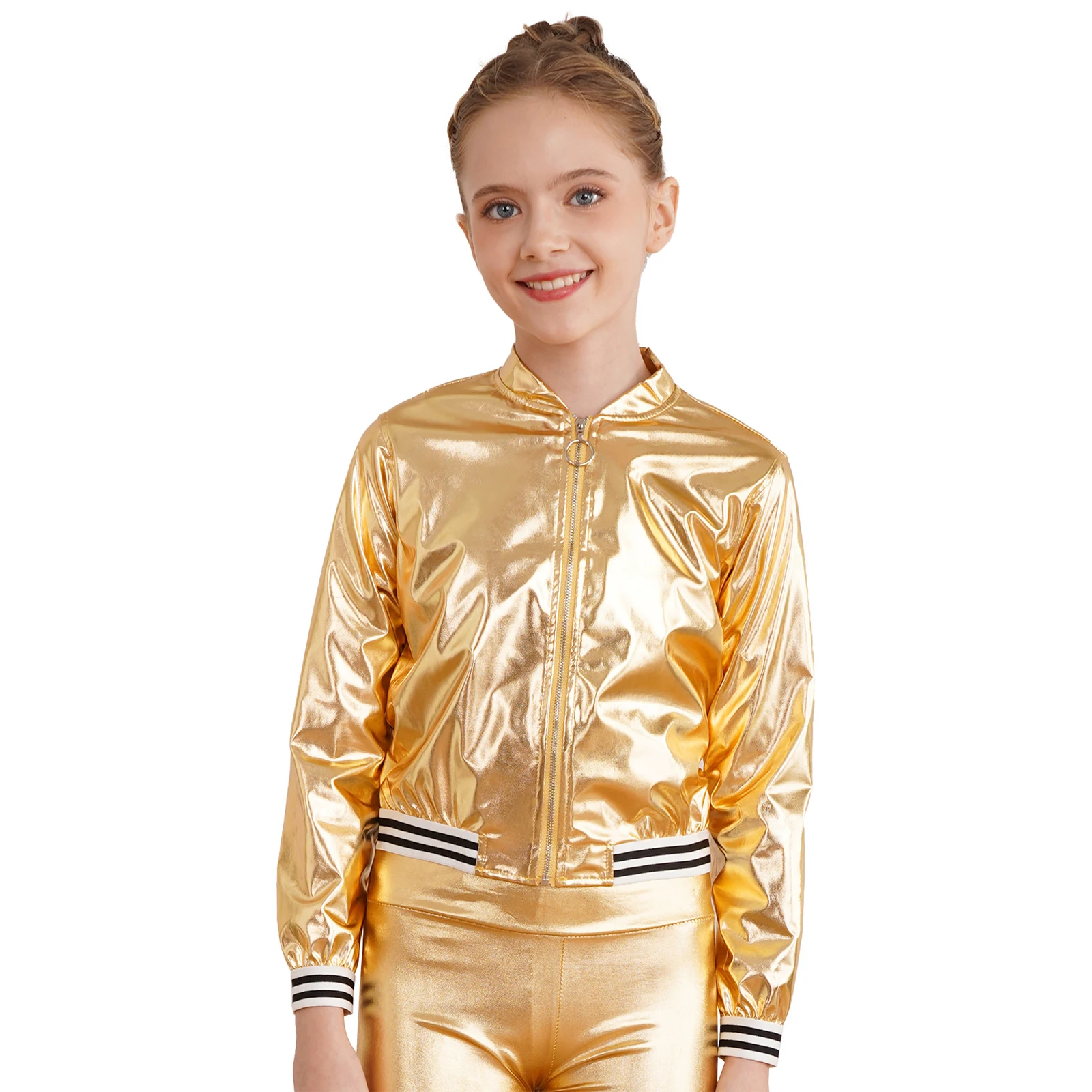 Kids Girls Boys Metallic Bomber Moto Jacket Coat Hip Hop Jazz Modern Dancing Top Disco Party Costume Bronzing Cloth Outerwear