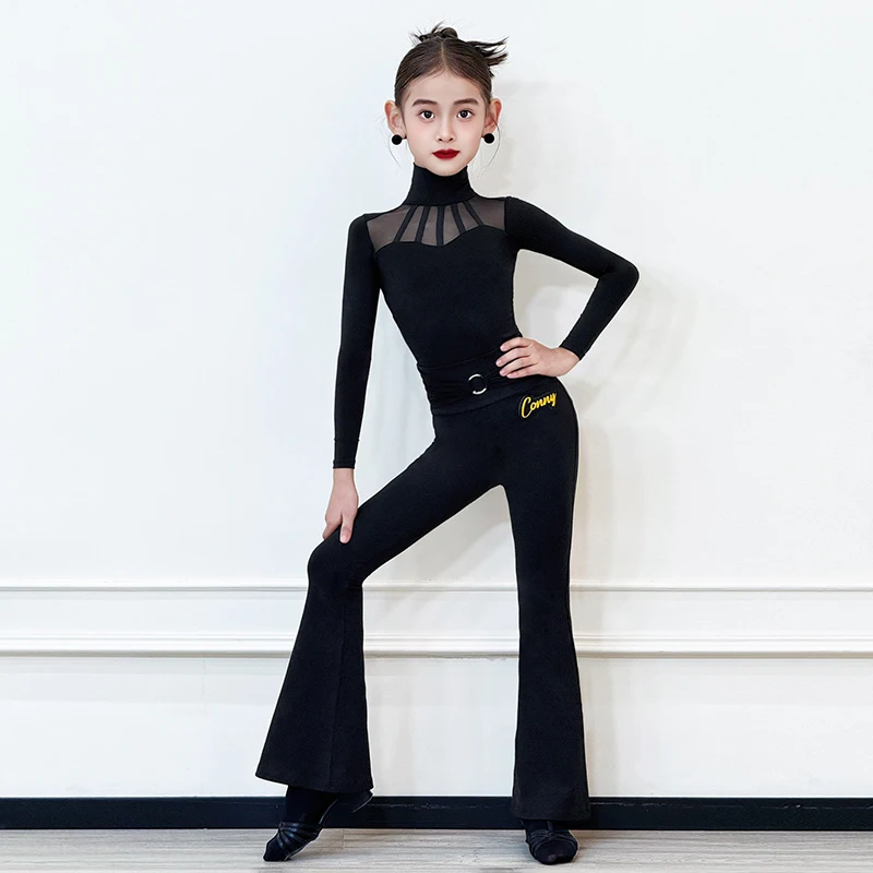 

Girl Latin Dance Clothes Black Long Sleeve Dance Leotard Flared Pants Children Training Clothes Latin Dancer Practice Wear 3192
